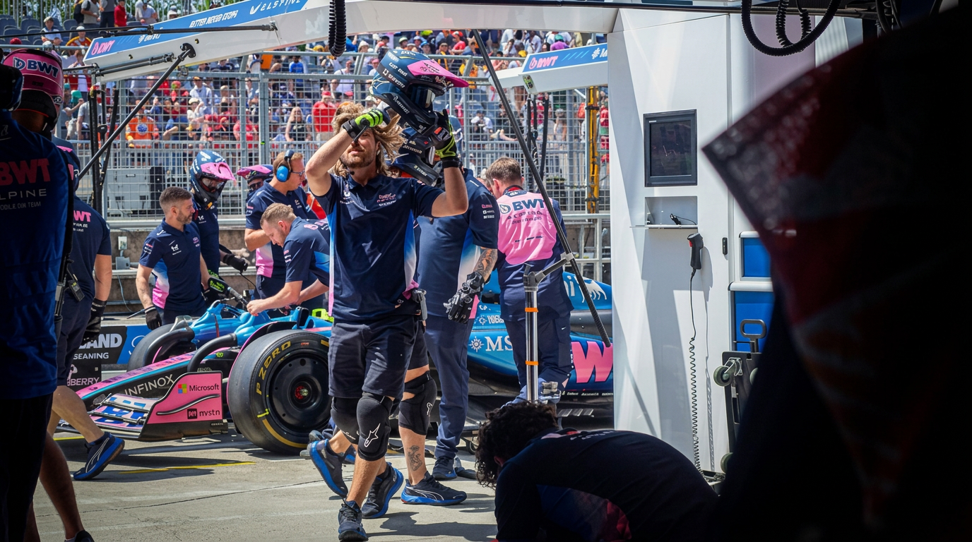 A Formula 1 driver lifting his helmet beside a blue and pink race car in a busy paddock